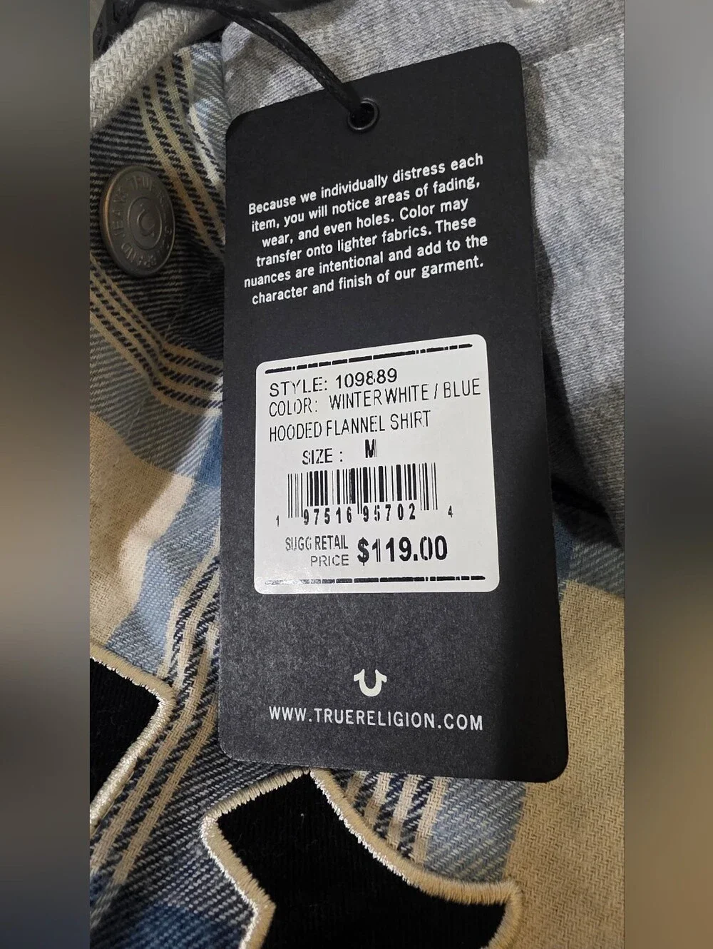 $119 True Religion Mens hooded flannel shirt